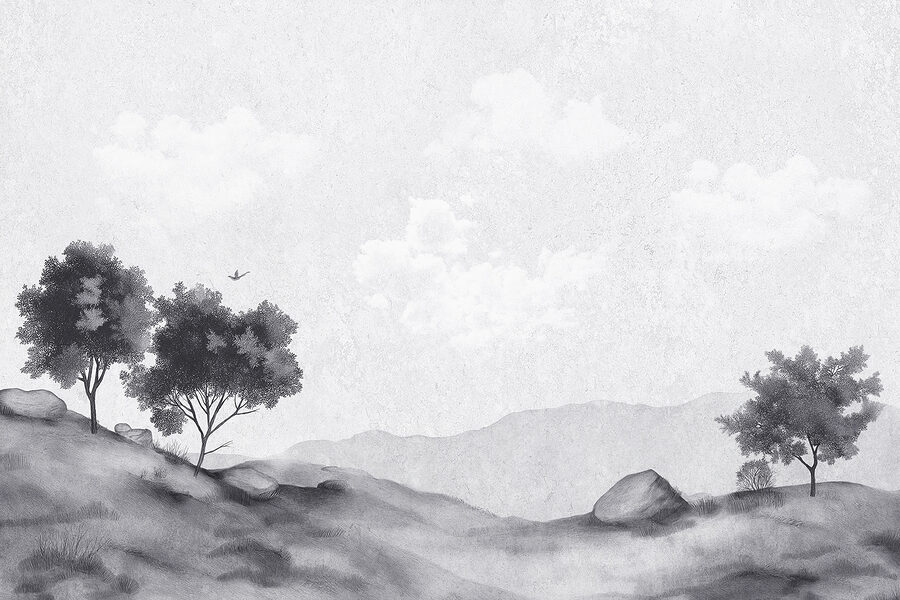 Paisagem com árvores e rochas