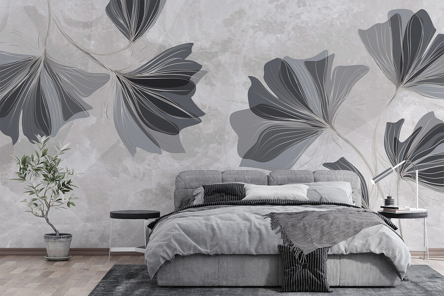 Desenho floral cinzento e branco
