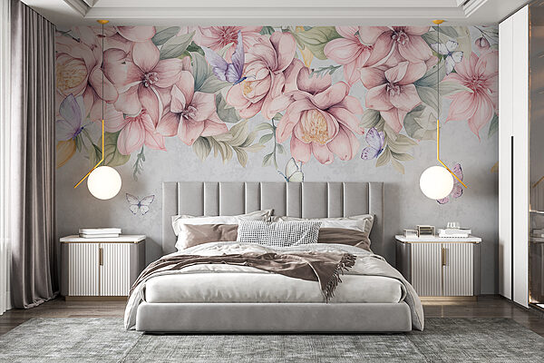 Papel de parede Papel de parede Grande plano de flores e borboletas (REF: w08331)