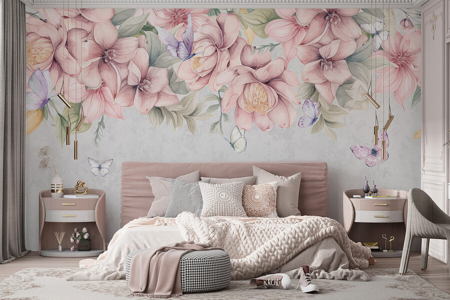 Grande plano de flores e borboletas