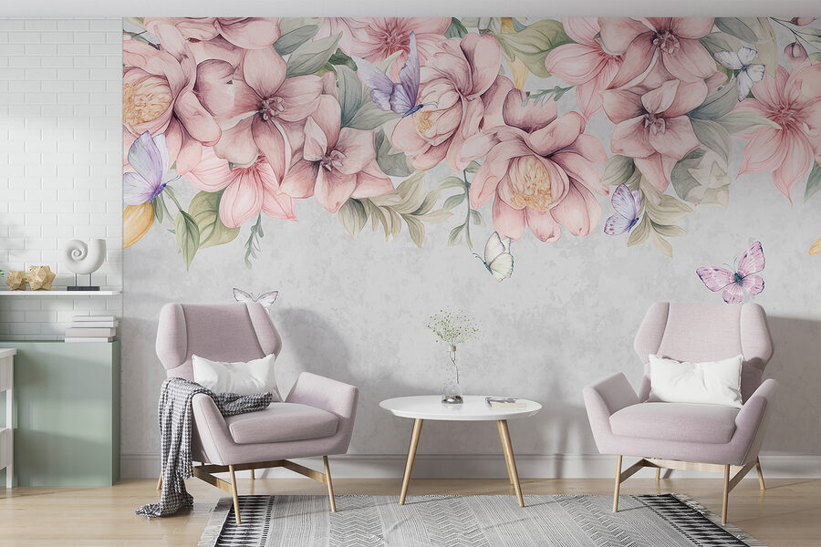Grande plano de flores e borboletas