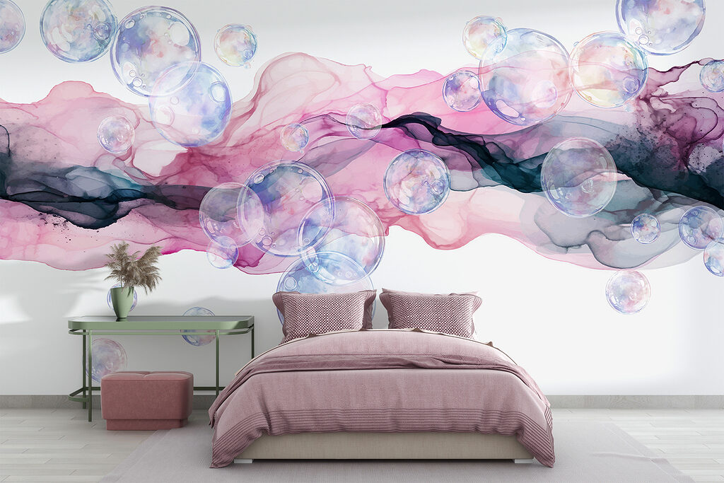 Group of bubbles in a pink and purple liquid