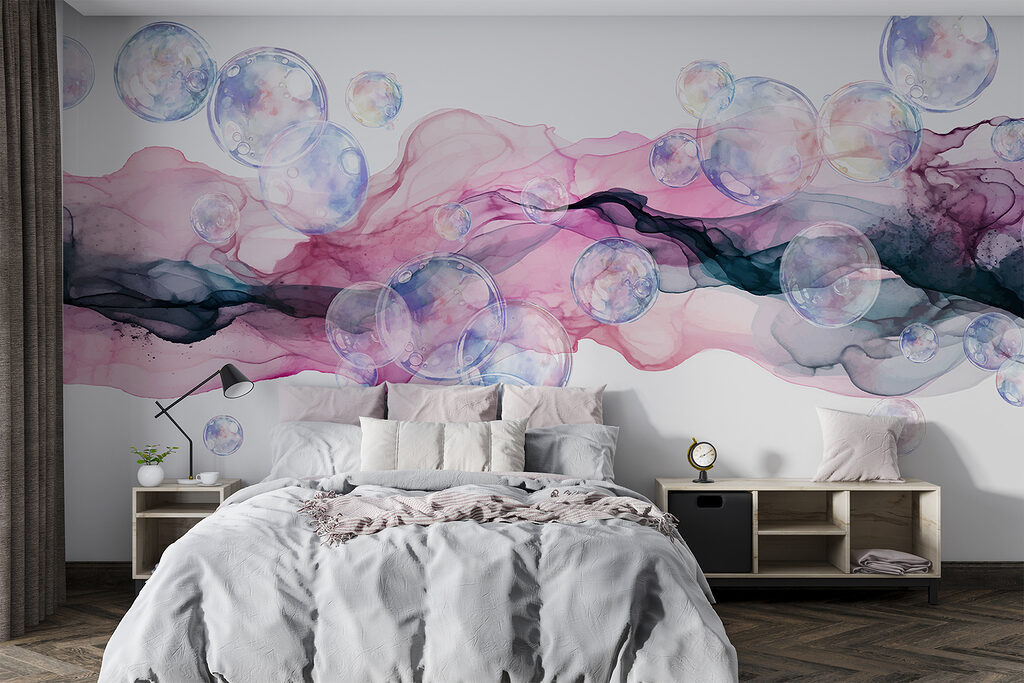 Group of bubbles in a pink and purple liquid