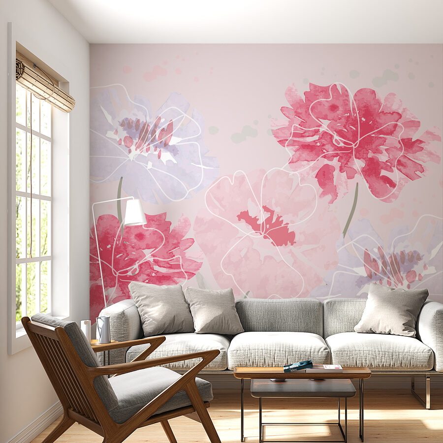 Papel de parede Grupo de flores sobre um fundo cor-de-rosa