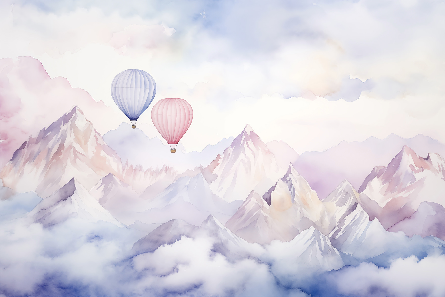 Group of hot air balloons in the sky over mountains