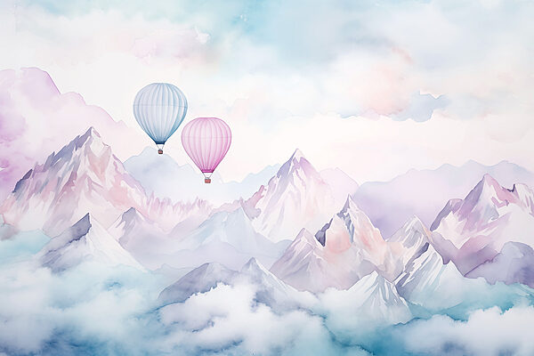 Group of hot air balloons in the sky over mountains