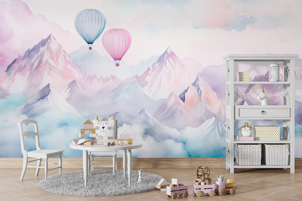 Group of hot air balloons in the sky over mountains