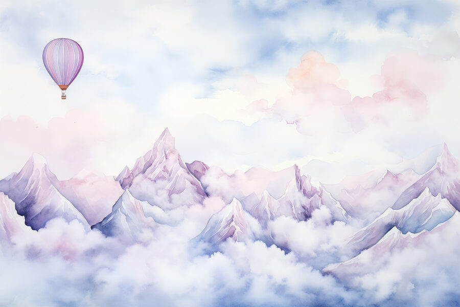 Pintura de uma cadeia de montanhas com um balão no céu Pintura de uma cadeia de montanhas com um balão no céu