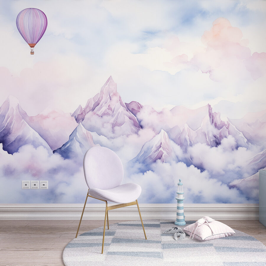 Pintura de uma cadeia de montanhas com um balão no céu Pintura de uma cadeia de montanhas com um balão no céu