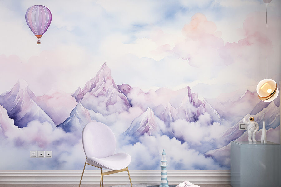 Pintura de uma cadeia de montanhas com um balão no céu Pintura de uma cadeia de montanhas com um balão no céu