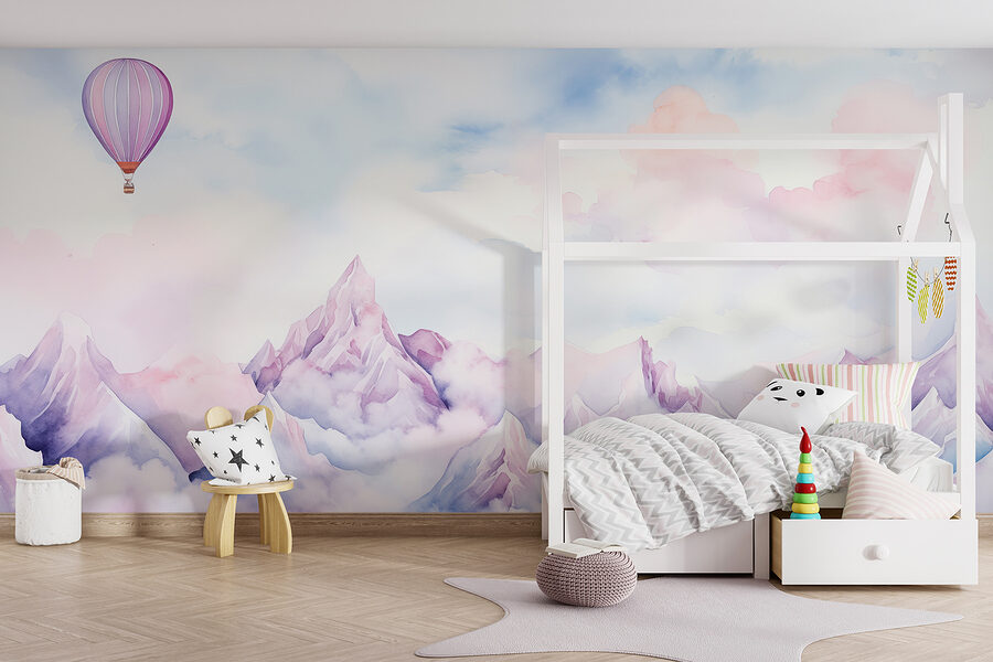 Pintura de uma cadeia de montanhas com um balão no céu Pintura de uma cadeia de montanhas com um balão no céu