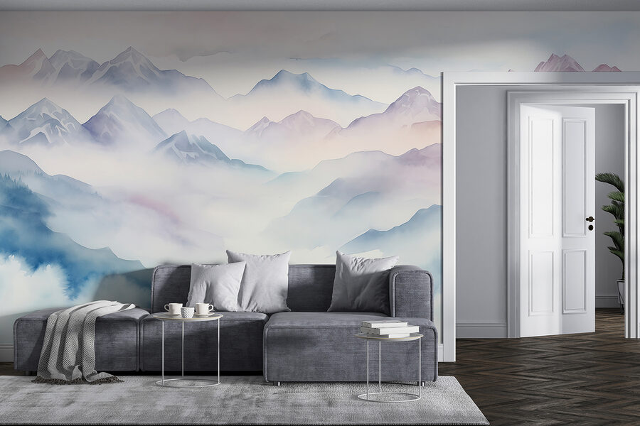 Pintura de montanhas e nuvens