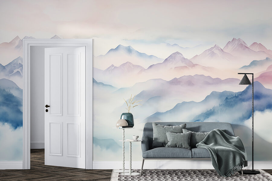 Pintura de montanhas e nuvens