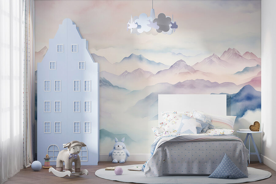 Pintura de montanhas e nuvens