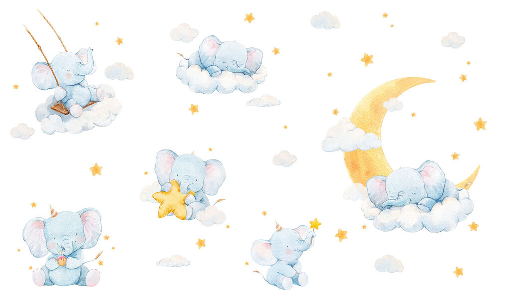 Grupo de elefantes entre nuvens e estrelas Grupo de elefantes entre nuvens e estrelas