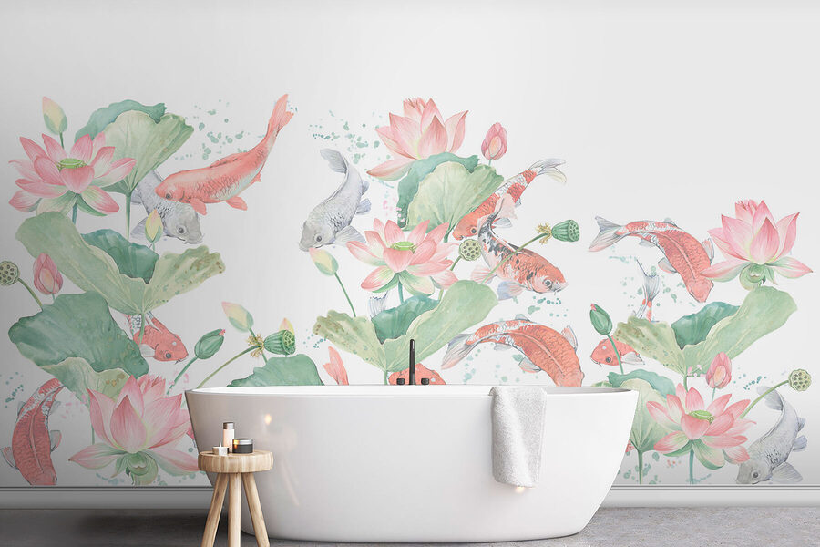Pintura a aguarela de peixes e flores