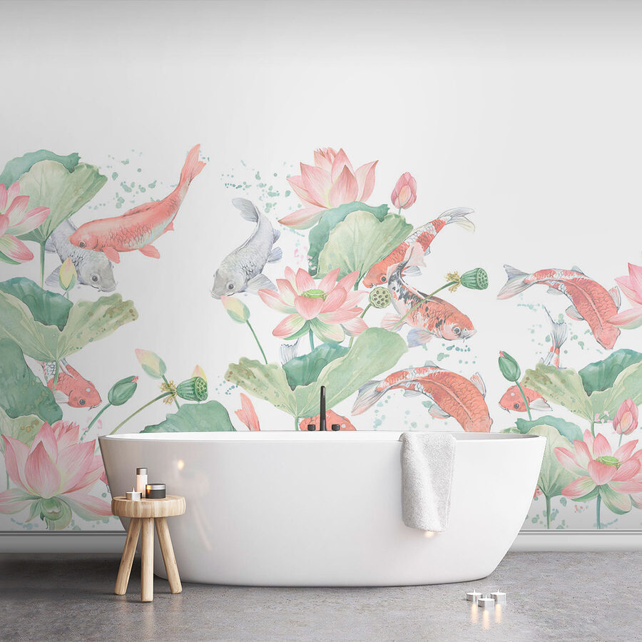 Pintura a aguarela de peixes e flores
