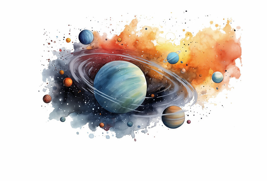 Aguarela de planetas e estrelas
