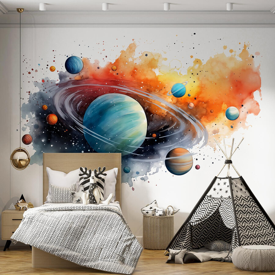 Aguarela de planetas e estrelas