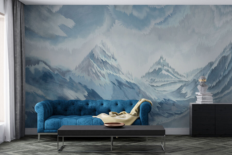 Pintura de montanhas e nuvens