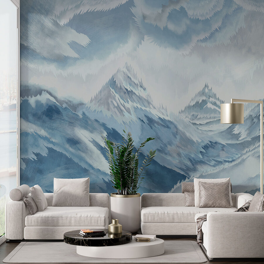 Pintura de montanhas e nuvens