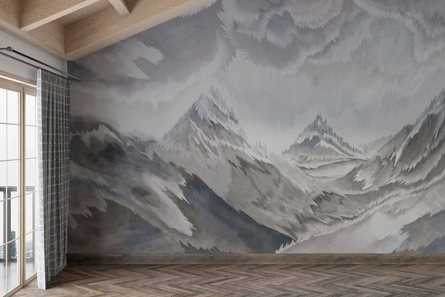 Pintura de montanhas e nuvens