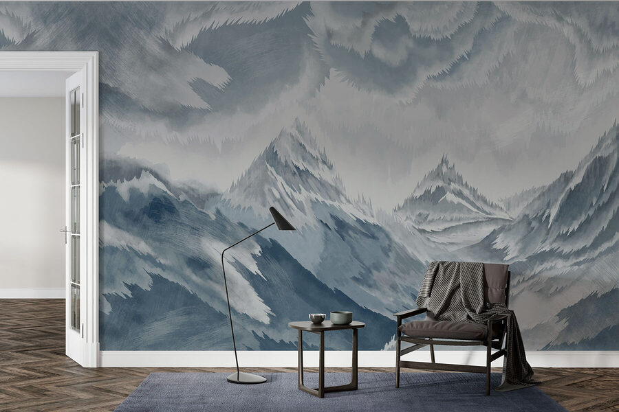 Pintura de montanhas e nuvens
