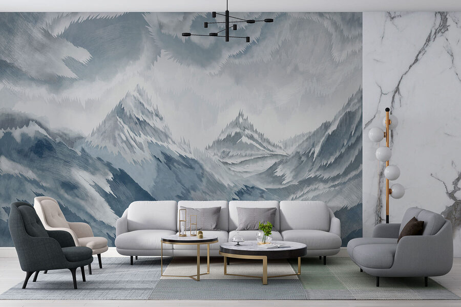 Pintura de montanhas e nuvens
