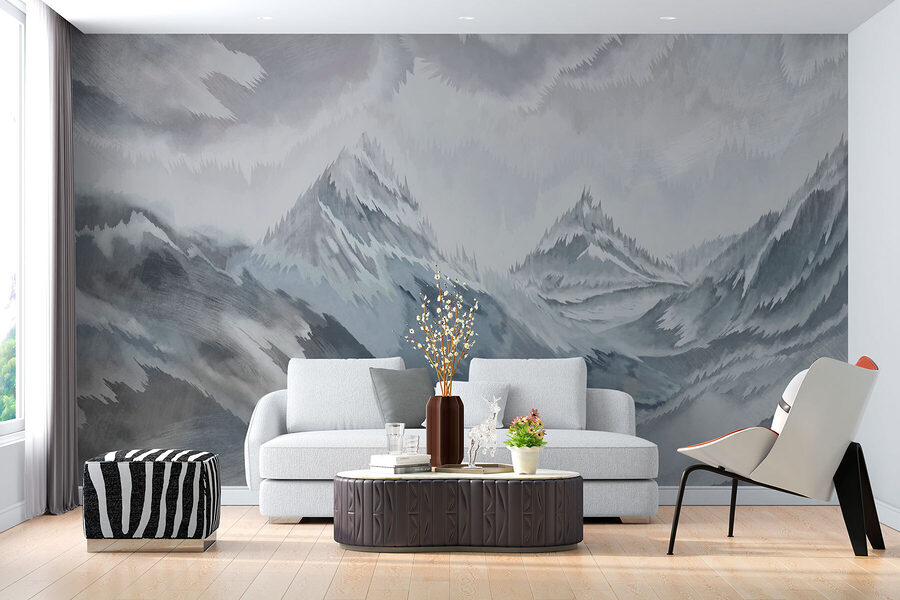 Pintura de montanhas e nuvens