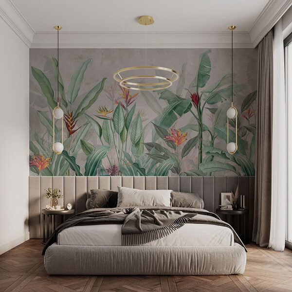 Papel de parede com um padrão de flores e folhas Papel de parede com um padrão de flores e folhas
