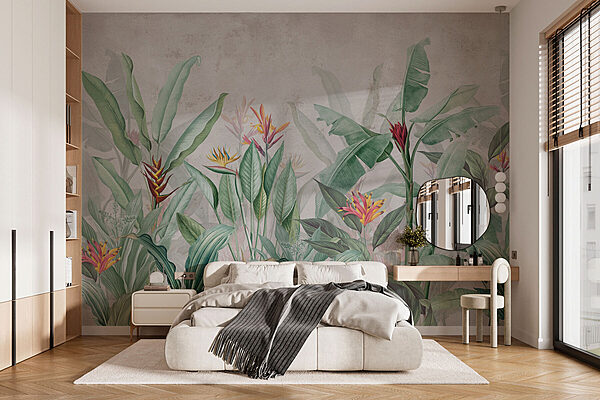 Papel de parede com um padrão de flores e folhas Papel de parede com um padrão de flores e folhas
