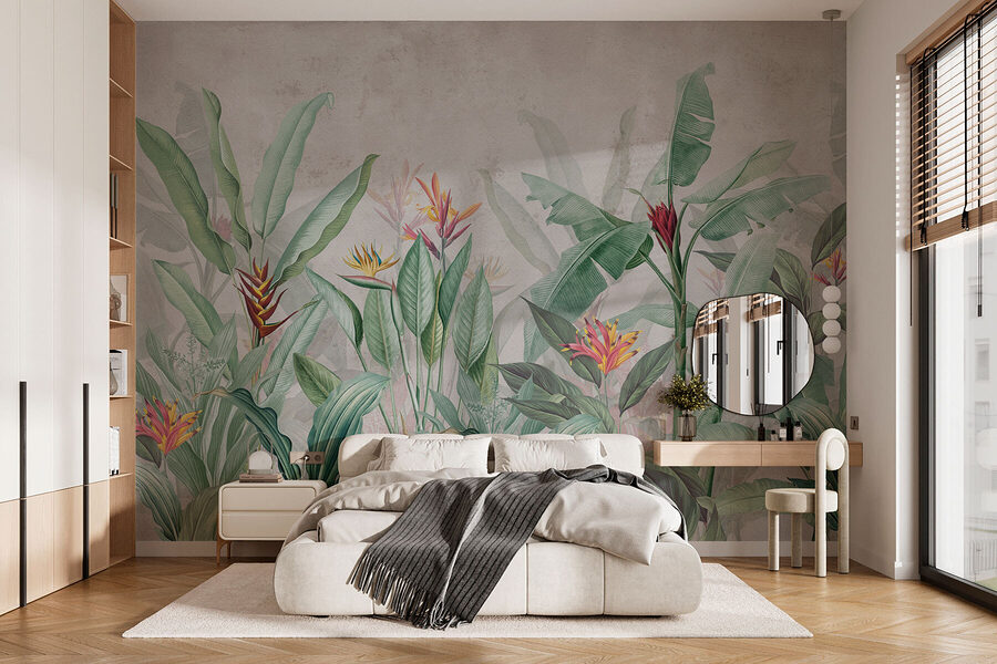 Papel de parede com um padrão de flores e folhas