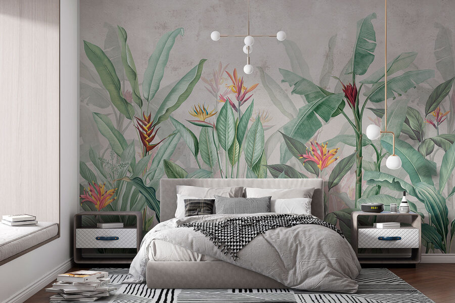 Papel de parede com um padrão de flores e folhas