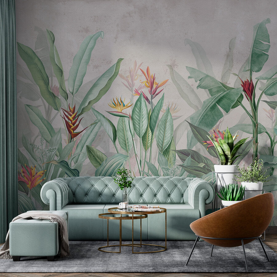 Papel de parede com um padrão de flores e folhas