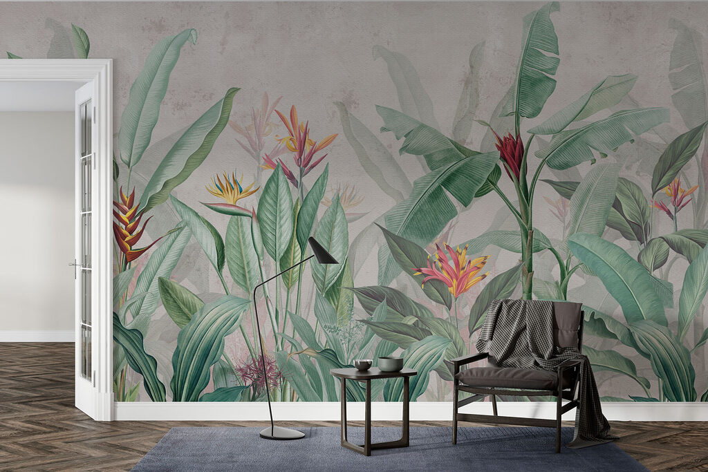 Wallpaper with a pattern of flowers and leaves