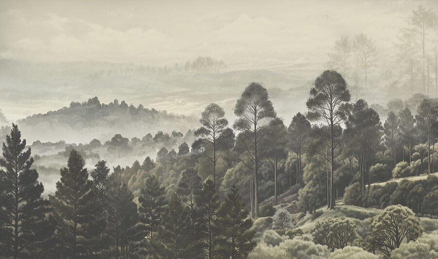 Paisagem de árvores e nevoeiro