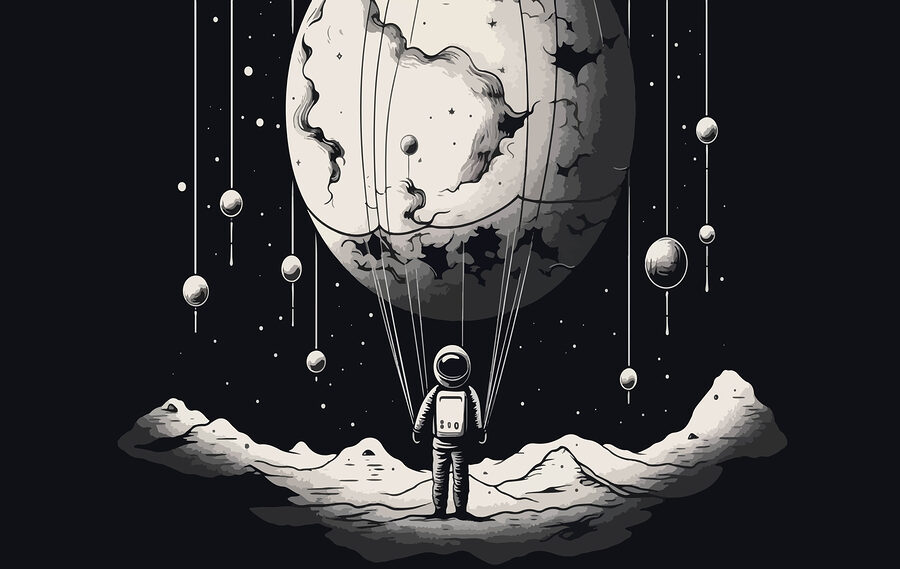Astronauta no espaço com um balão no céu Astronauta no espaço com um balão no céu