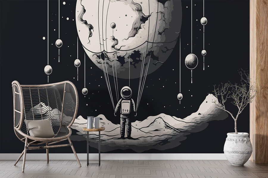 Astronauta no espaço com um balão no céu Astronauta no espaço com um balão no céu