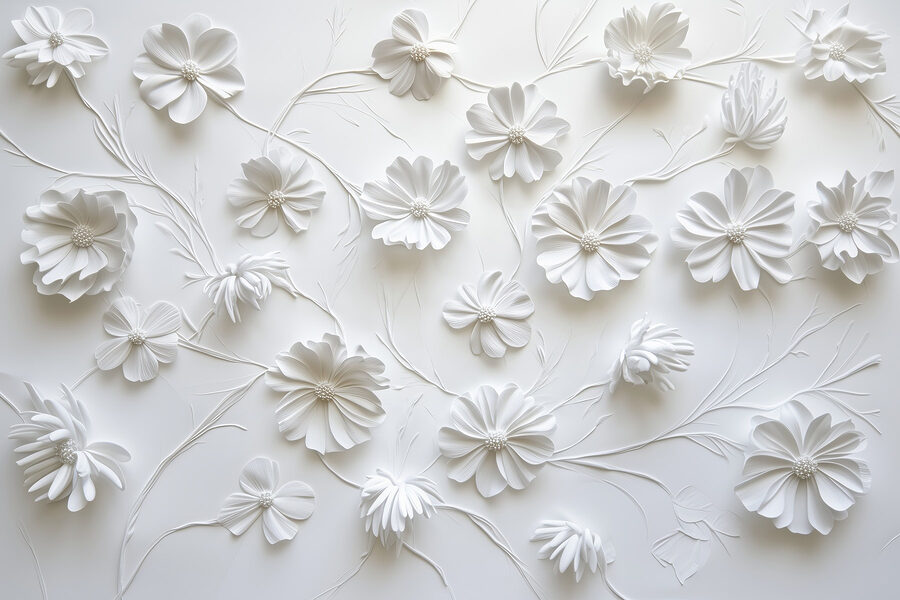 Flores de papel branco sobre uma superfície branca