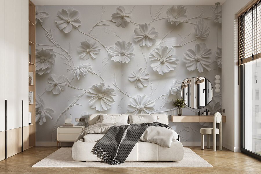 Flores de papel branco sobre uma superfície branca