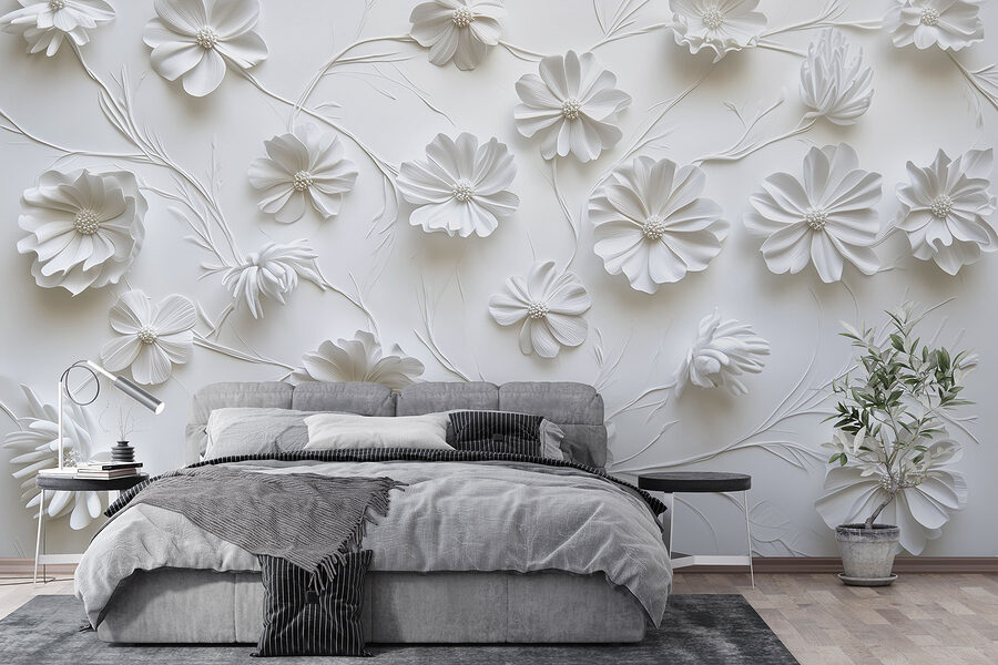 Flores de papel branco sobre uma superfície branca