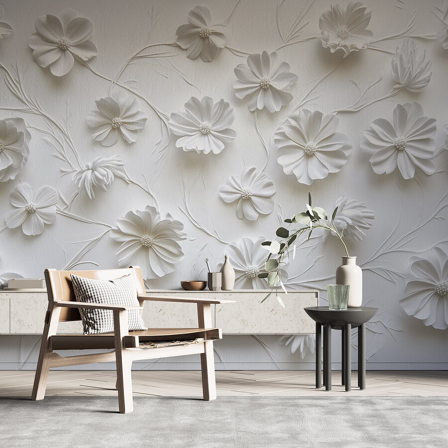 Flores de papel branco sobre uma superfície branca