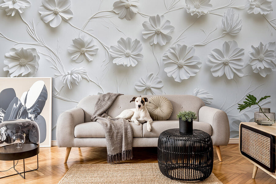 Flores de papel branco sobre uma superfície branca
