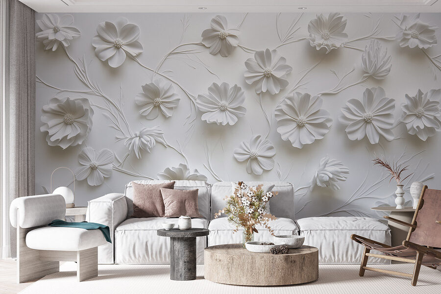 Flores de papel branco sobre uma superfície branca