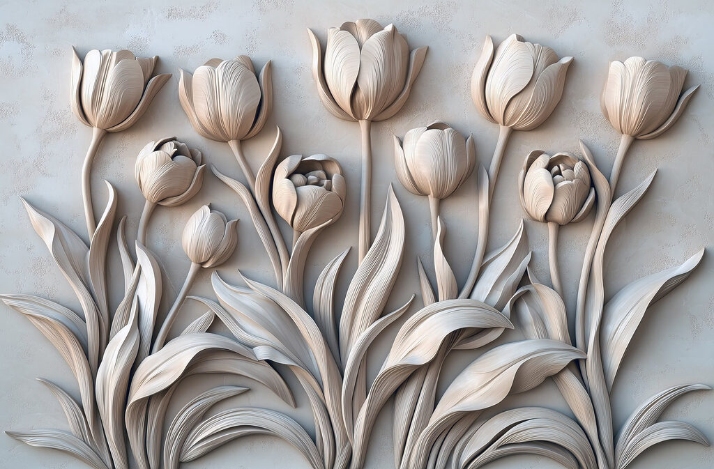 Escultura de uma flor branca numa parede Escultura de uma flor branca numa parede