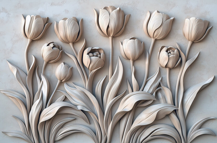 Escultura de uma flor branca numa parede