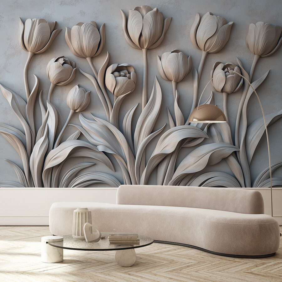 Escultura de uma flor branca numa parede