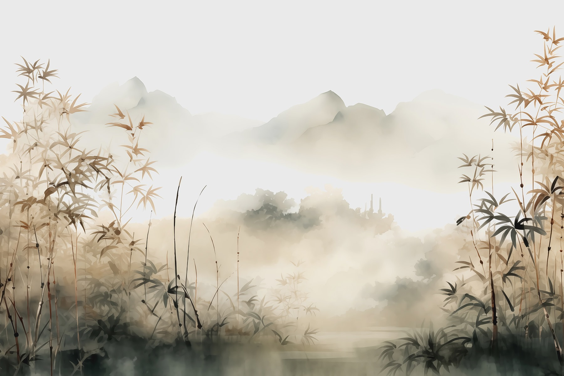 Painting of a landscape with plants and fog Painting of a landscape with plants and fog
