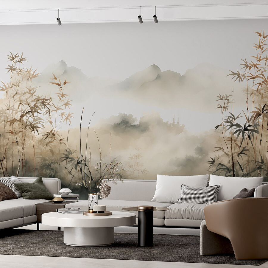 Pintura de uma paisagem com plantas e nevoeiro