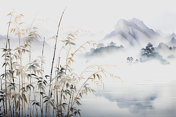 Pintura de uma paisagem com um lago e montanhas Pintura de uma paisagem com um lago e montanhas